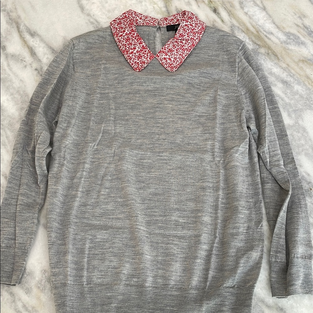 Gray Sweater with Red Floral Collar